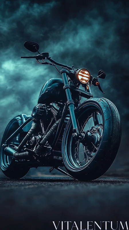 Custom black motorcycle under moody blue storm clouds.