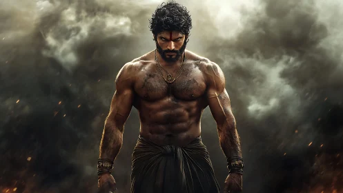 Muscular male figure stands shirtless before dense smoky backdrop