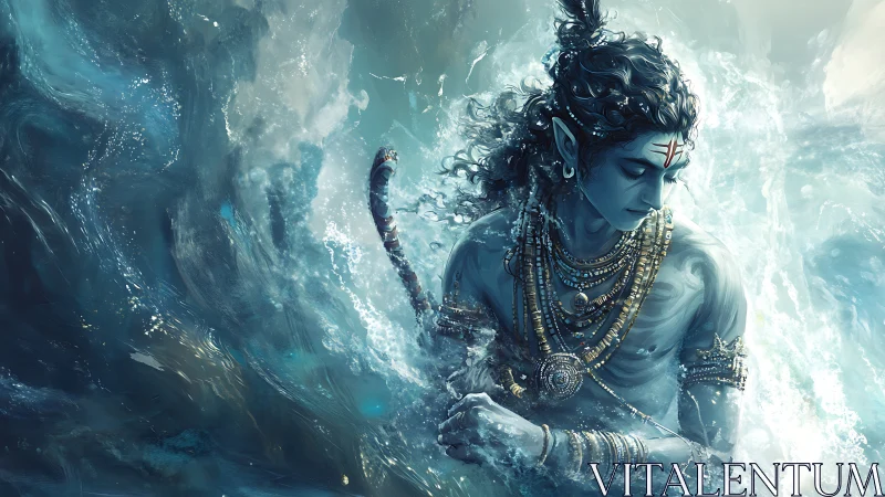 Sea-born deity draped in moonlit waves and gilded armor.