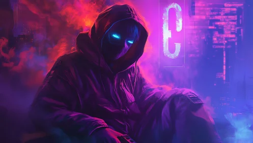 Hooded figure with neon blue eyes in vaporwave environment.