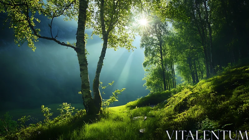 Sunlit Forest Sanctuary: Nature's Peaceful Woodland Retreat.