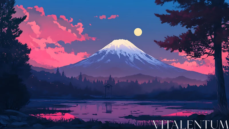 Moonrise over neon dusk mountain mirrored in quiet lake.