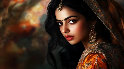 Portrait of woman in ornate traditional attire, side view.