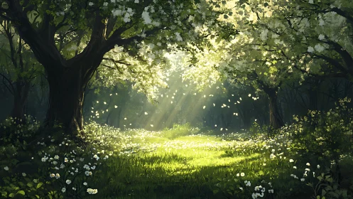 Sunlit Enchanted Forest Clearing in Lush Digital Painting Style.