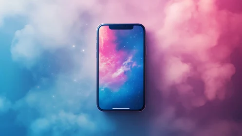 Smartphone floats in dreamy nebula clouds of pink and blue