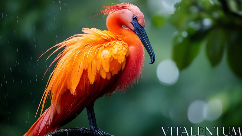 Vibrant Scarlet Ibis in Rain, Nature Photography Style.