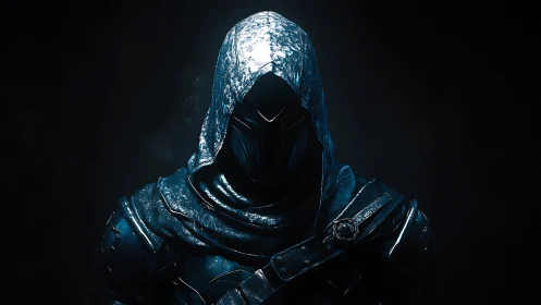 Hooded cybernetic assassin rendered in high-contrast digital chiaroscuro