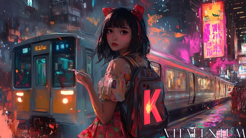 Girl with neon backpack waits by subway in rain-soaked city