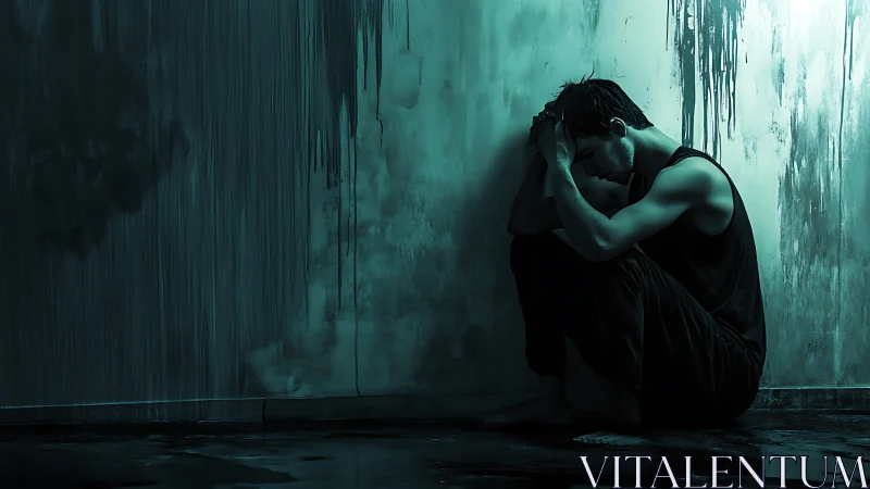 Male figure sits against stained wall in low teal light