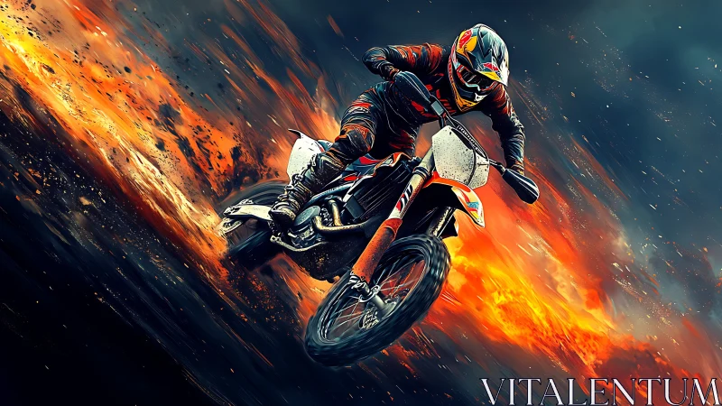 Motocross rider drives dirt bike through explosive fiery trail