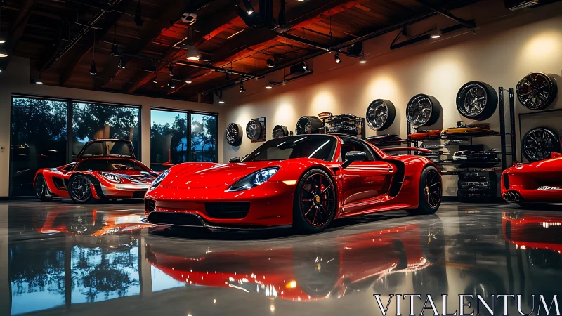 Red supercar gleams under warm showroom lights at sunset