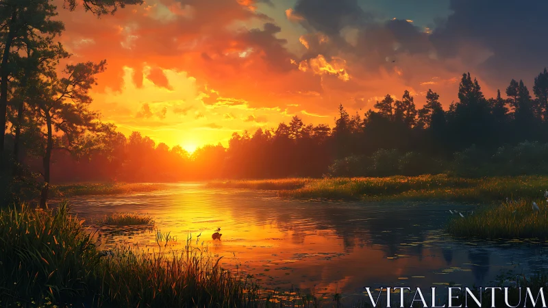 Radiant wetland sunset with reflective lake and silhouetted pines