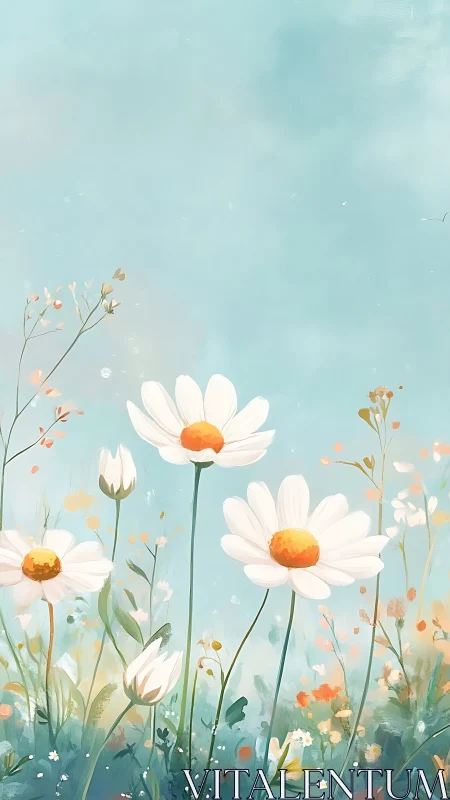 White Daisies with Golden Centers Against Soft Blue Sky.