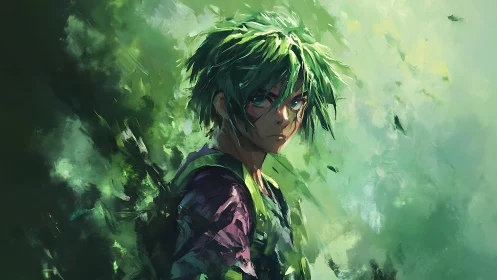 Green-haired warrior in painterly abstract forest light.
