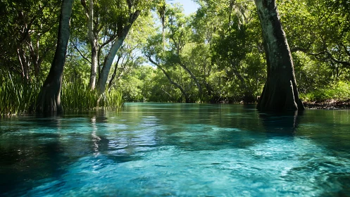 Tranquil forest river with crystal blue water and soft sunlight.