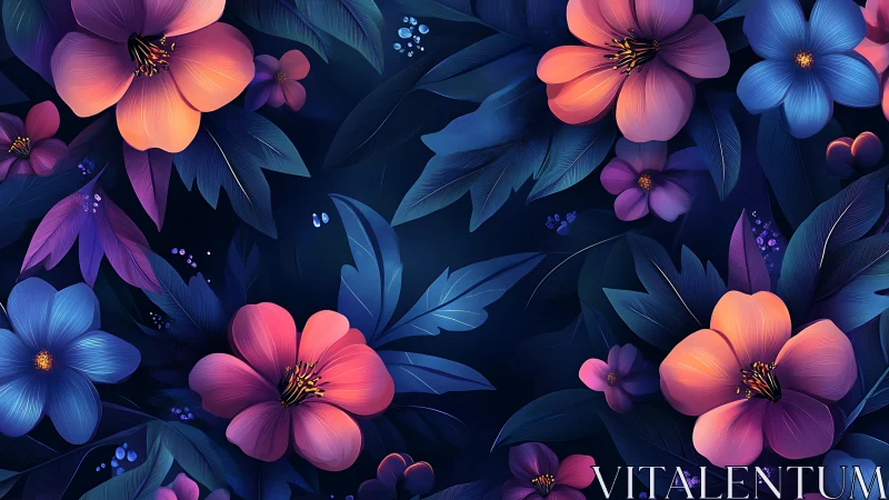 Digital floral composition with gradient-layered flowers on dark background