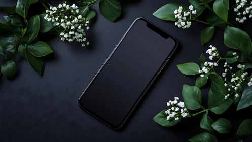 Black smartphone on dark surface with green leaves and flowers.