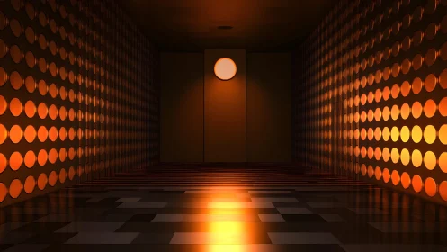 Futuristic glowing orange corridor with geometric circular patterns.