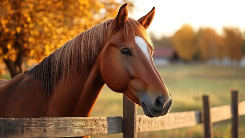 Chestnut horse profile in autumnal backlit pasture study.