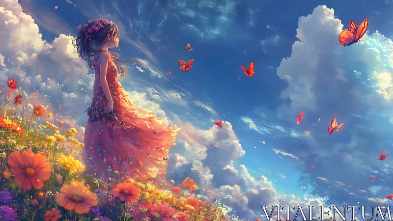 Floral-clad girl in windswept meadow with drifting butterflies.