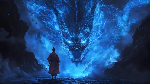 Samurai figure facing large blue spectral dragon form.