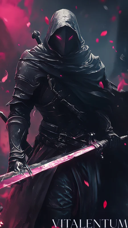 Midnight reaper strides through neon petals and burning steel