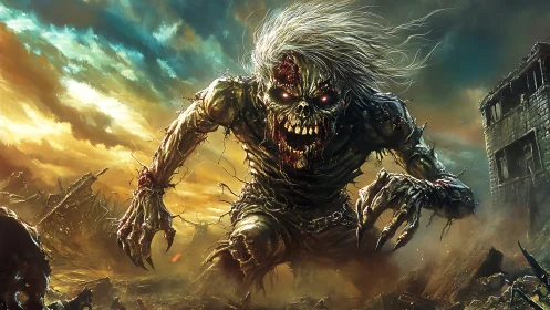 Mutated skeletal ghoul charging through apocalyptic ruins at dusk