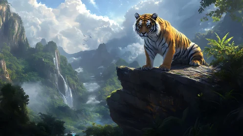 Tiger on cliff ledge above misty rainforest valley scene.