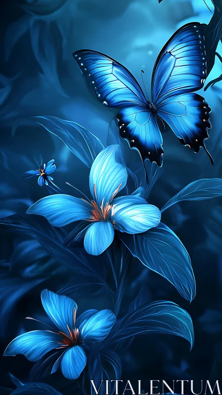 Luminous blue butterfly over glowing flowers in moonlit garden.
