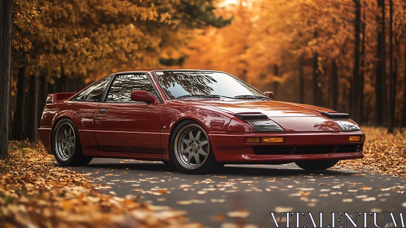 Red sports coupe parked on autumn forest road at dusk.