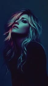 Neon-lit female portrait in moody teal and magenta glow.