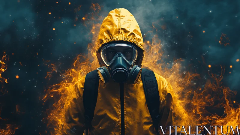 Hazmat figure in gas mask surrounded by intense flames.