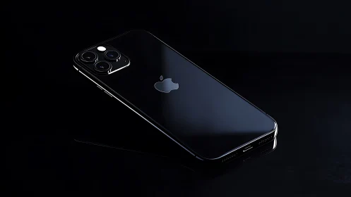 Black smartphone rendered at angle with triple camera module displayed.