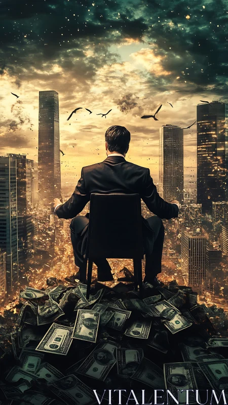 Powerful businessman broods atop a glittering city of cash