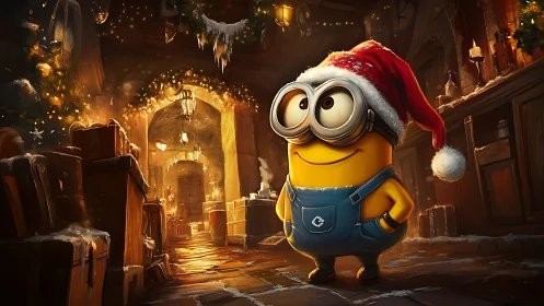 Cheerful yellow helper enjoys cozy Christmas workshop glow