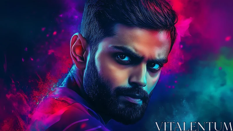 Intense male portrait glows inside neon vaporwave haze