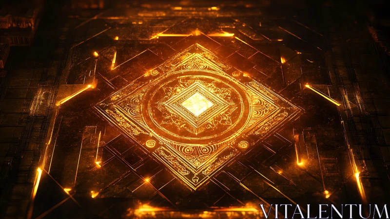 Geometric metallic plate with illuminated golden circuitry.