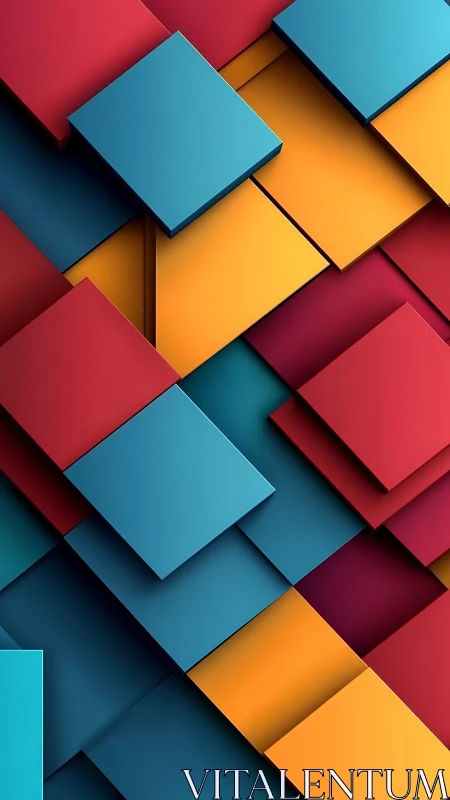 Geometric layered rectangles in bold cyan, red, yellow.