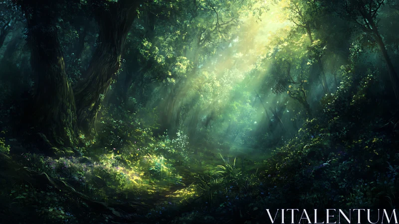 Sunlight Filtering Through an Enchanted Ancient Forest