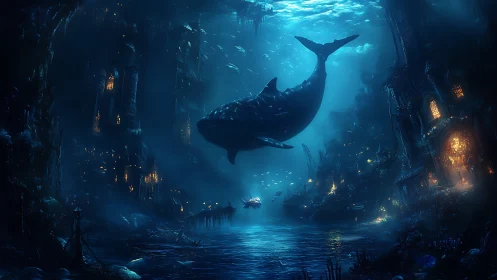 Whale glides gently above a glowing underwater fantasy city