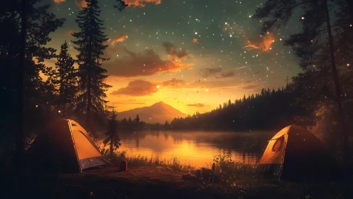 Lakeside tents glow under dusk sky beside misty mountain lake