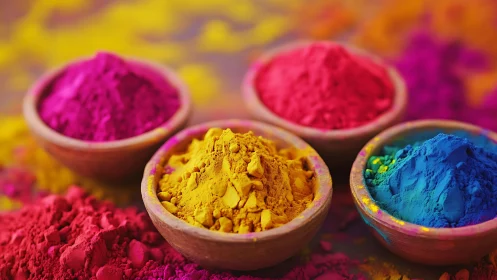 Vibrant powdered pigments arranged in shallow wooden bowls