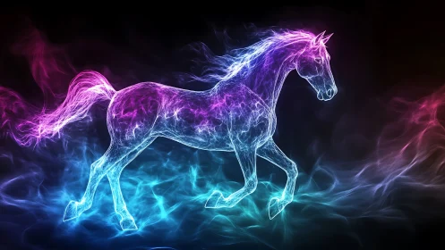 Neon energy outline of horse in motion on dark background.