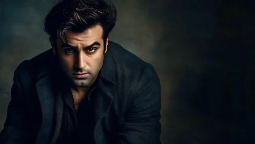 Intense male portrait in dramatic low-key studio lighting.