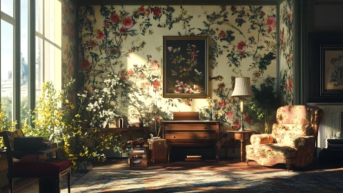 Sunlit floral parlor where wallpaper and garden entwine.
