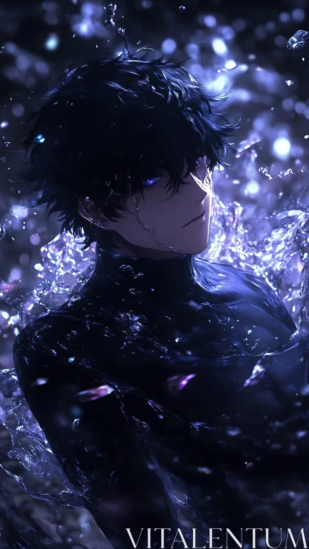 Mystical dark haired boy rising from shimmering starlit water.