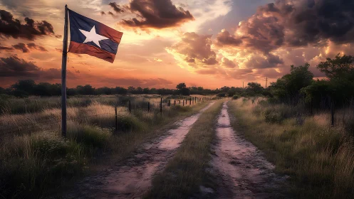 Dusty ranch road under a blazing Texas sunset skyscape.