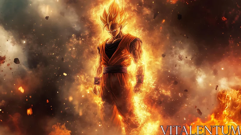 Fiery anime warrior emerges from explosive inferno storm.