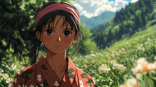 Anime girl in floral kimono stands in bright mountain meadow