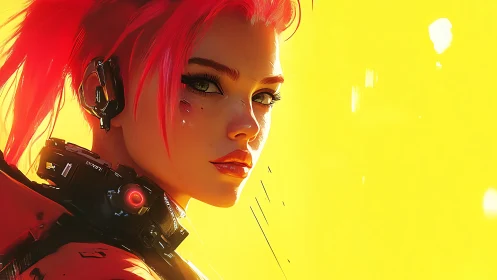 Neon cybernetic sentinel in high-key chromatic isolation.